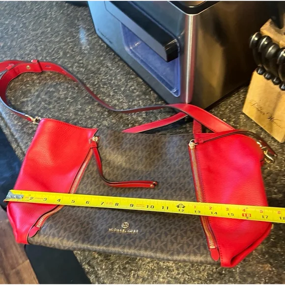 MICHAEL KORS Brooklyn Large Logo and Pebbled Leather Tote Bag Red/Brown - Picture 10 of 11